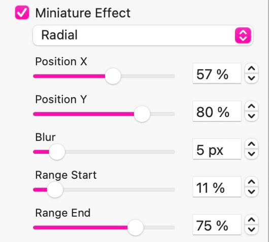 Settings panel for a miniature effect with adjustable sliders for position, blur, and range.