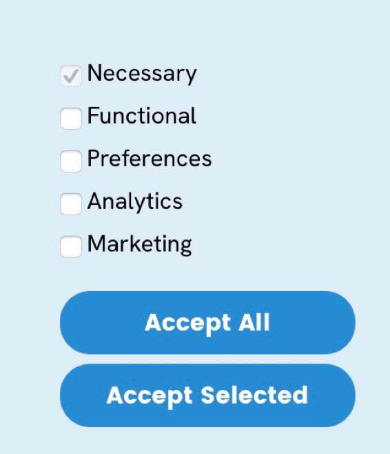 Checkbox options for cookie preferences with "Necessary" checked, and two buttons labeled "Accept All" and "Accept Selected."