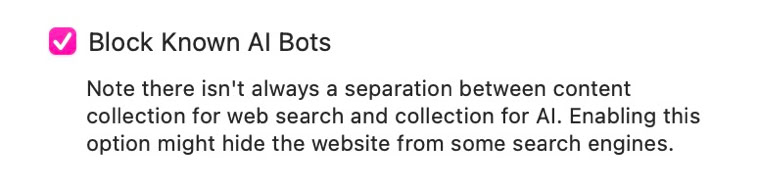 Checkbox option labeled "Block Known AI Bots" with a note about potential effects on website visibility in search engines.
