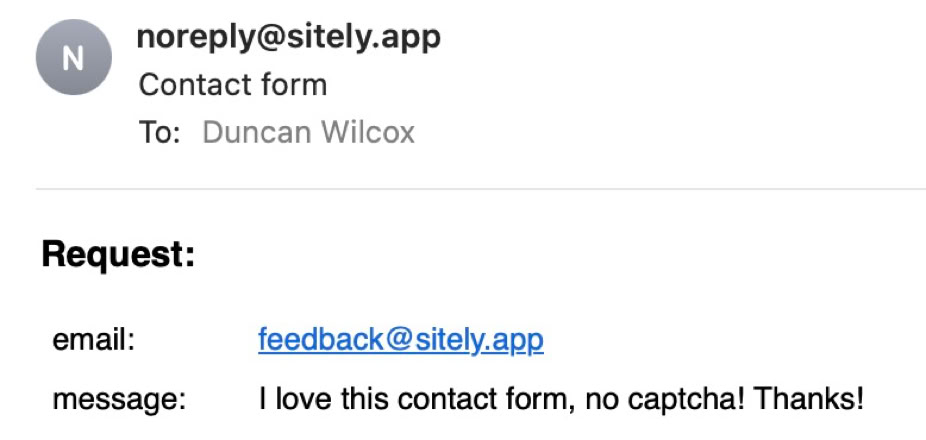 Email screenshot showing a contact form submission with the message praising the form for not having a CAPTCHA.