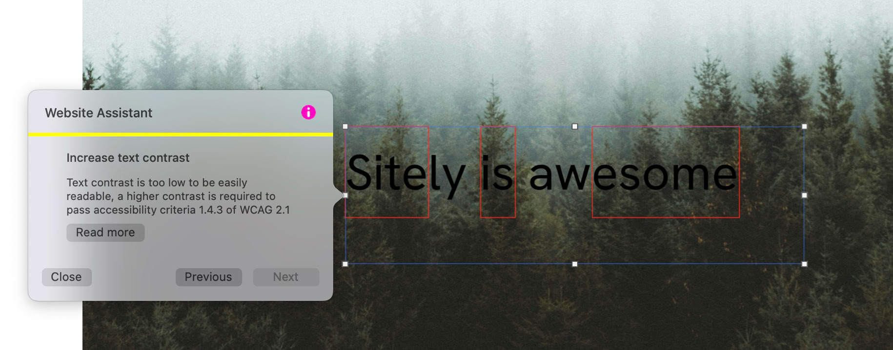 A foggy forest background with the text "Sitely is awesome" and a pop-up window displaying an accessibility alert.